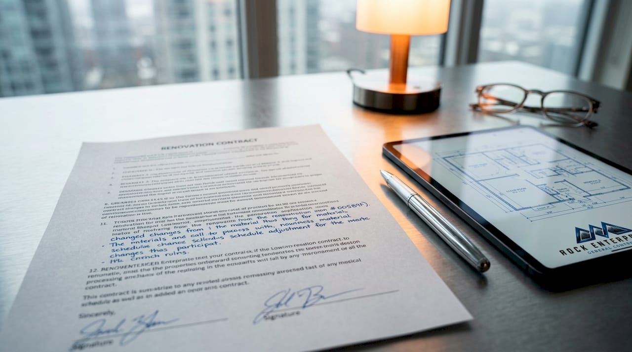 Close-up of renovation contract with pen and notes