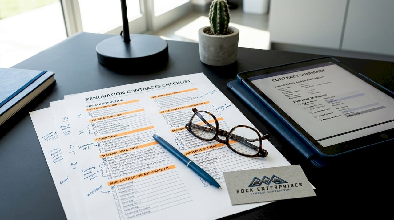 Close-up of renovation contracts checklist and notes