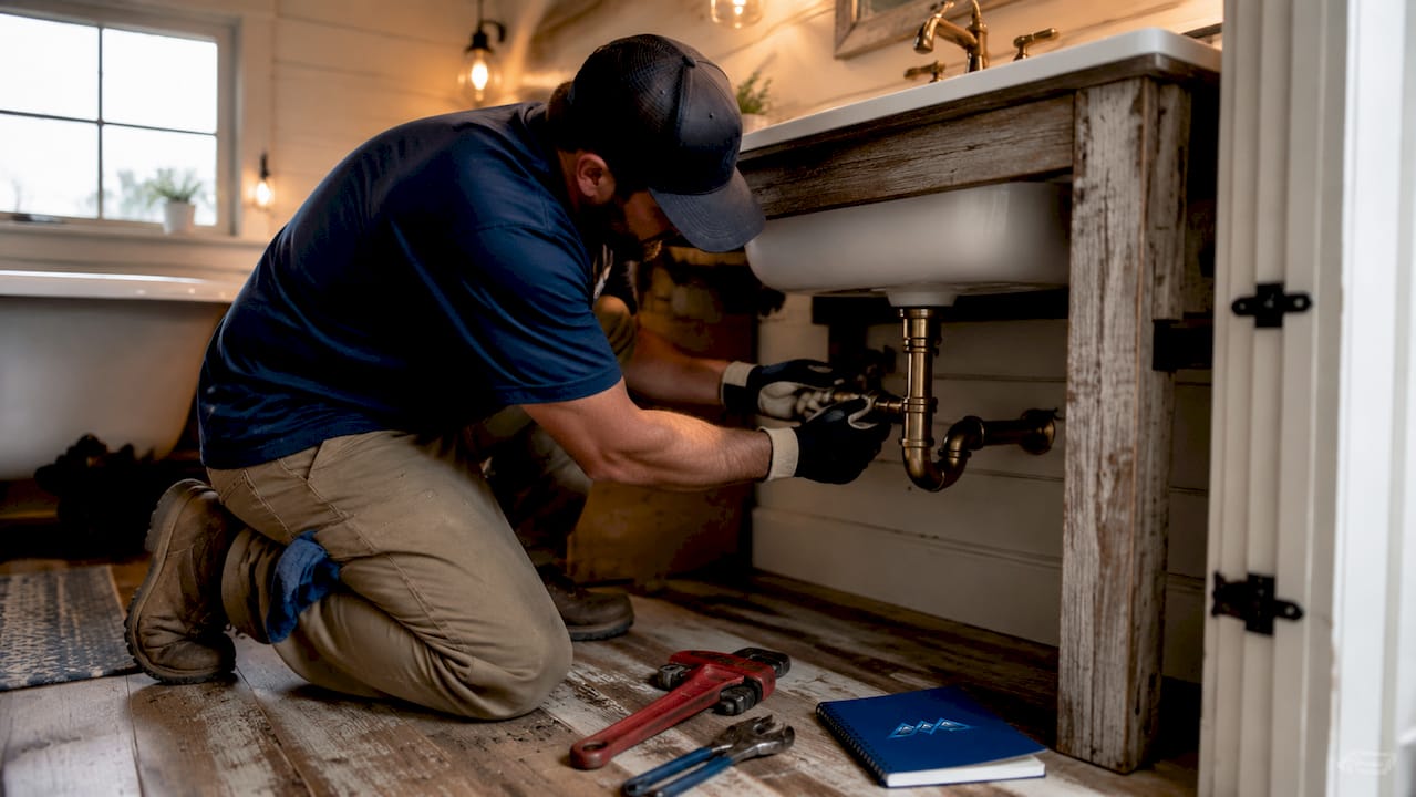 Hands adjusting plumbing under bathroom sink