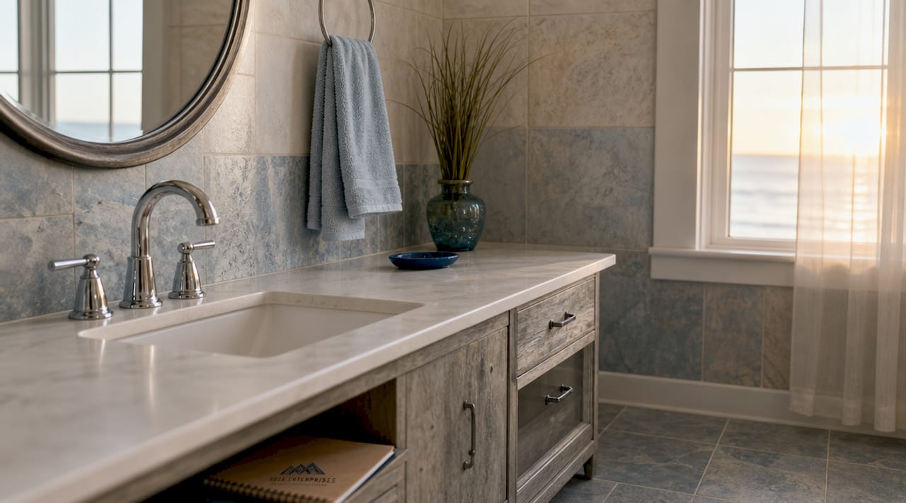 Modern coastal bathroom with durable materials and fixtures