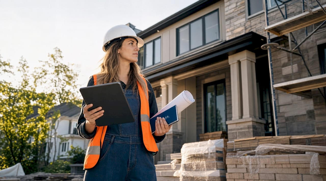 Female contractor inspecting residential construction site