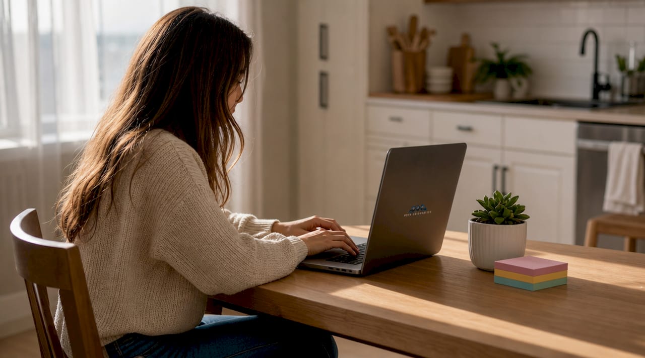 Hands typing on laptop in home office
