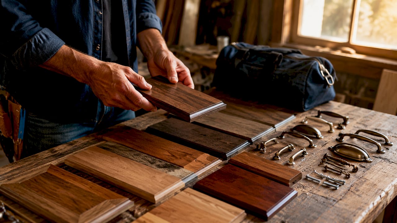 Hands comparing wood finishes and hardware samples