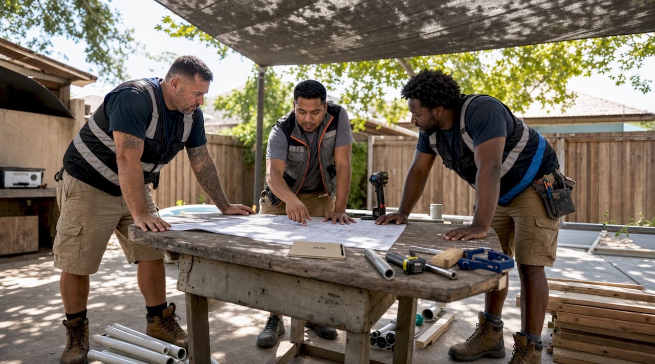 Three subcontractors reviewing renovation plans together