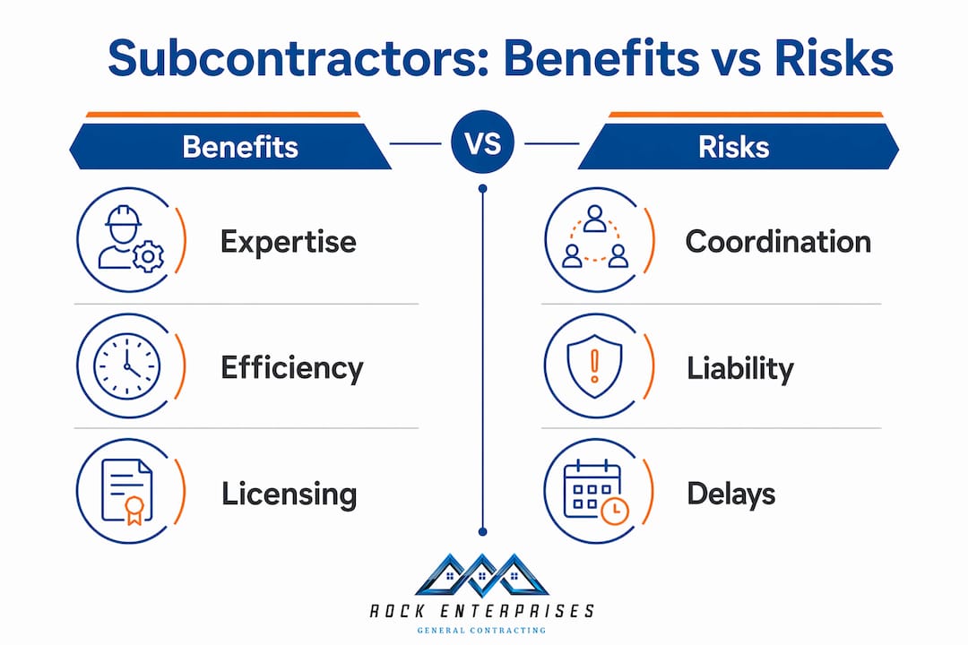 Infographic comparing benefits and risks of subcontractors