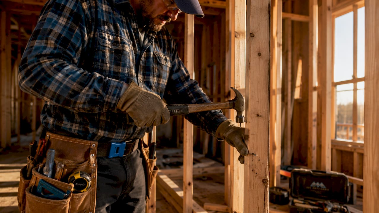 Hands hammering nail into timber framing