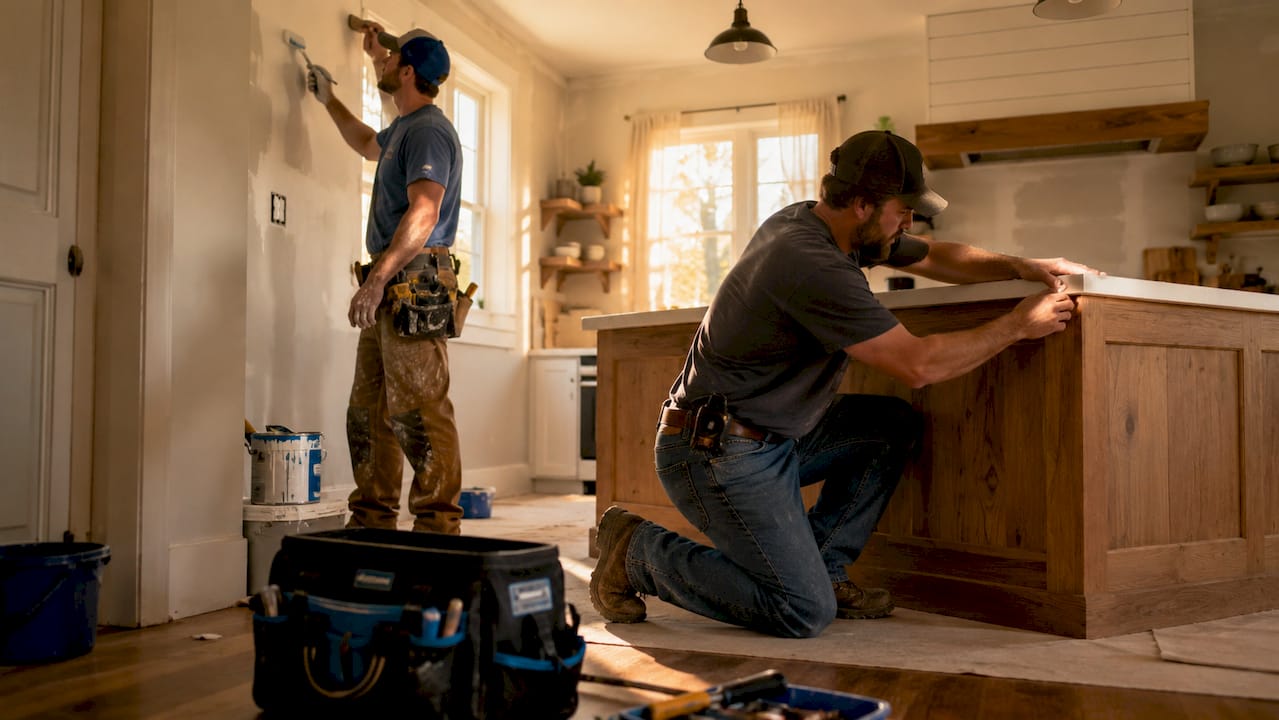 Remodelers installing kitchen and bathroom fixtures