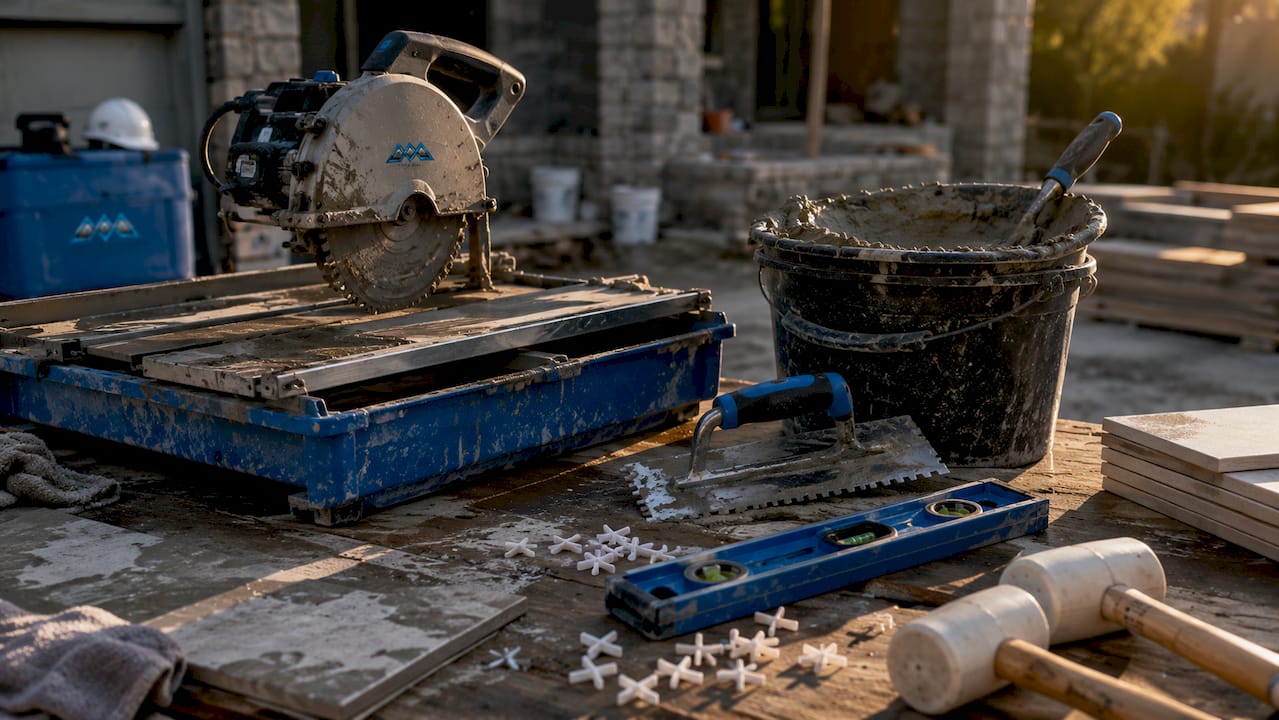 Close-up of tile installation tools on workbench