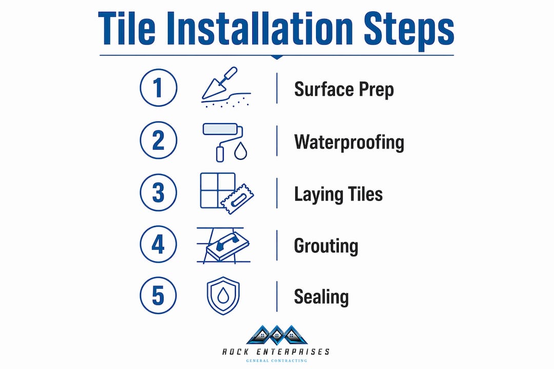 Infographic illustrating bathroom tile installation steps
