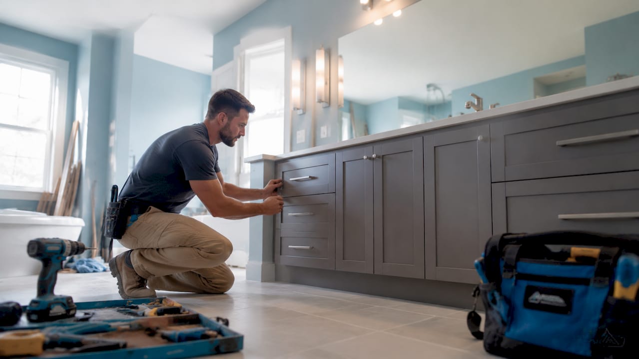Contractor installing new vanity and lighting in bathroom