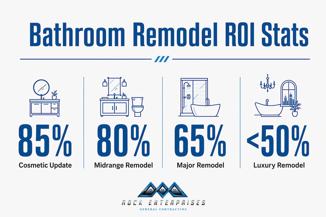 Infographic displaying bathroom remodel ROI percentages by budget type