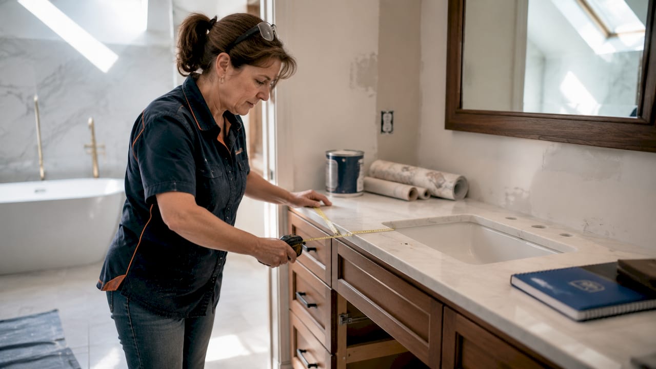 Contractor measuring bathroom vanity during remodel