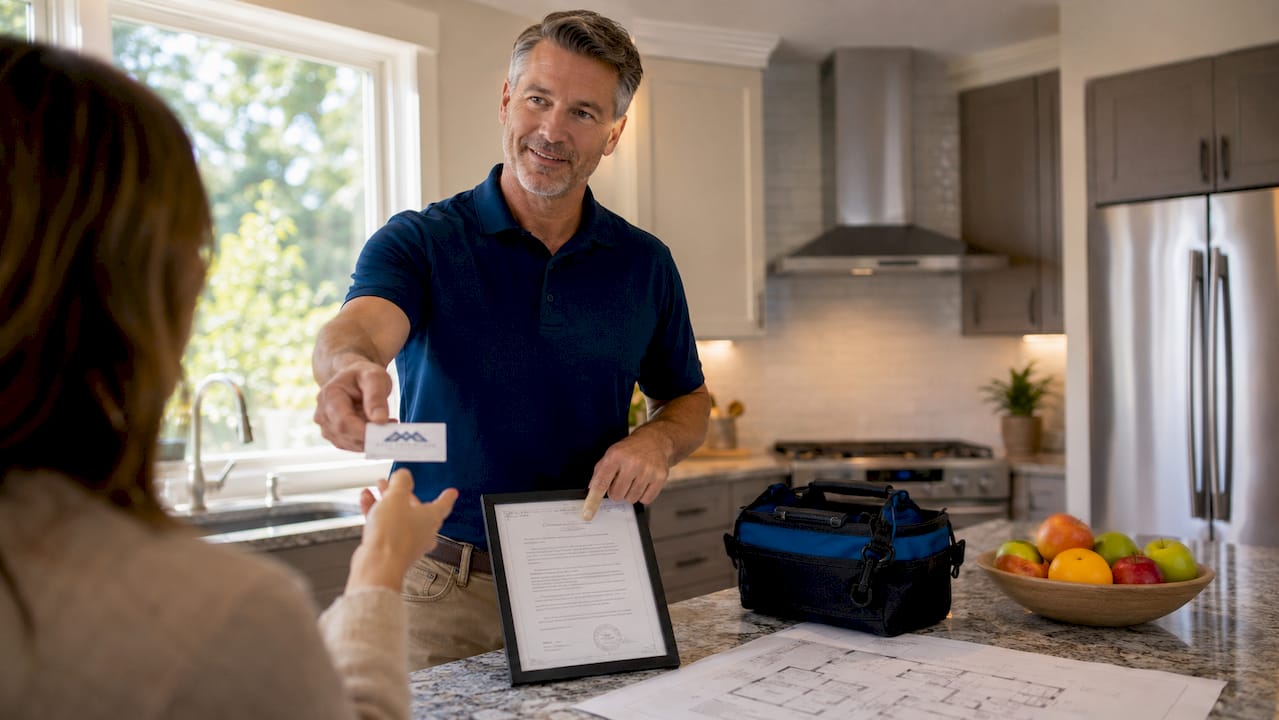 Contractor presenting license document to homeowner