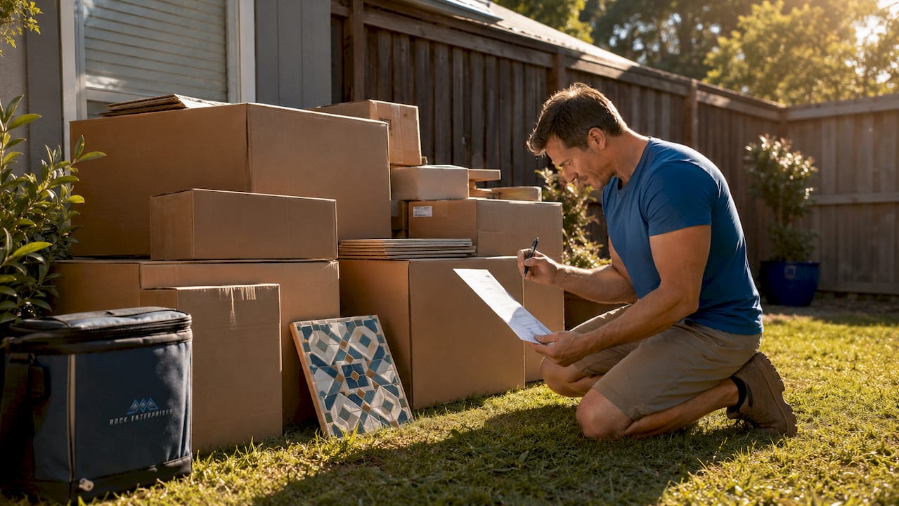 Homeowner checking bathroom material deliveries