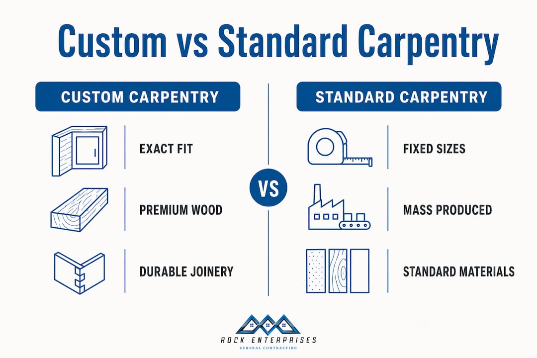 Infographic comparing custom and standard carpentry features