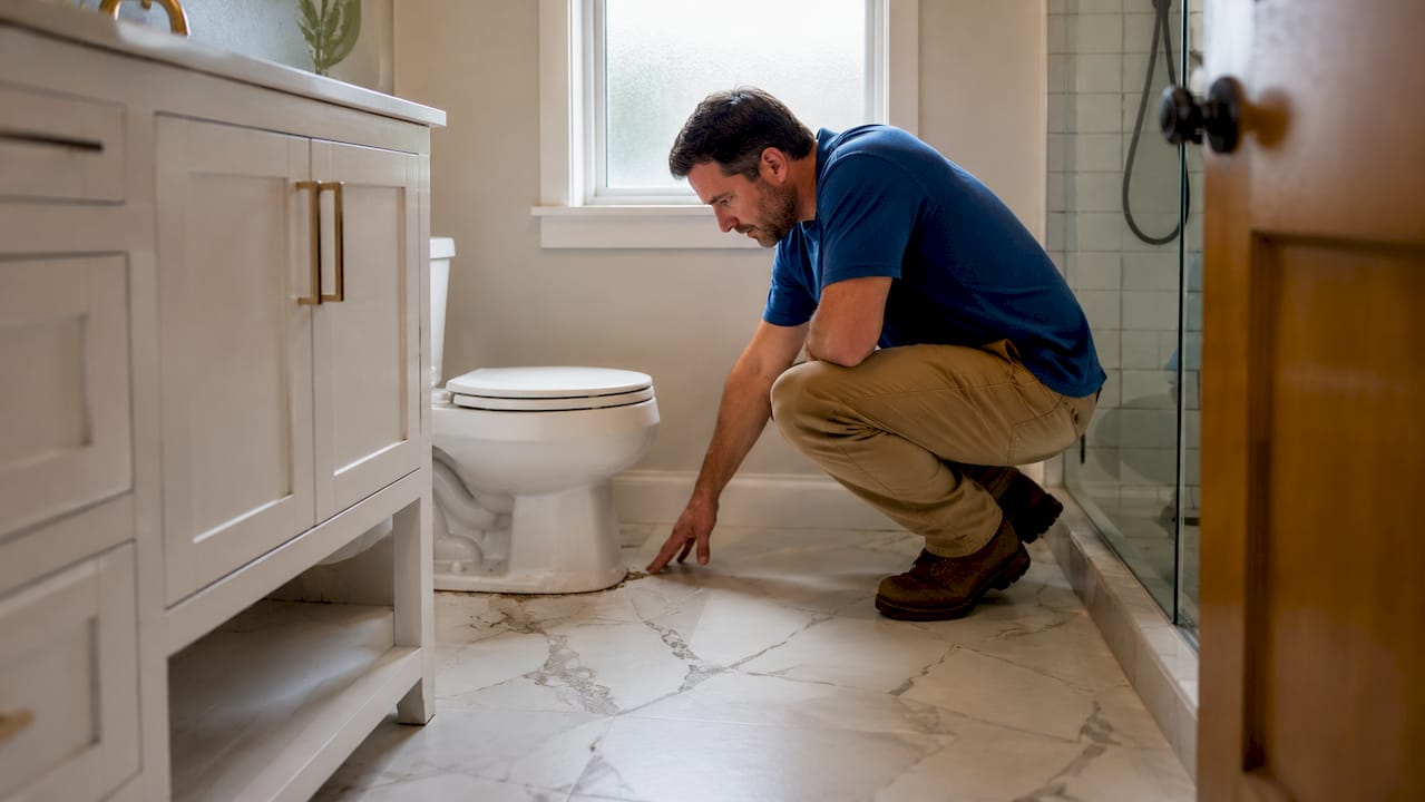 Close-up of foot pressing on flexible bathroom floor