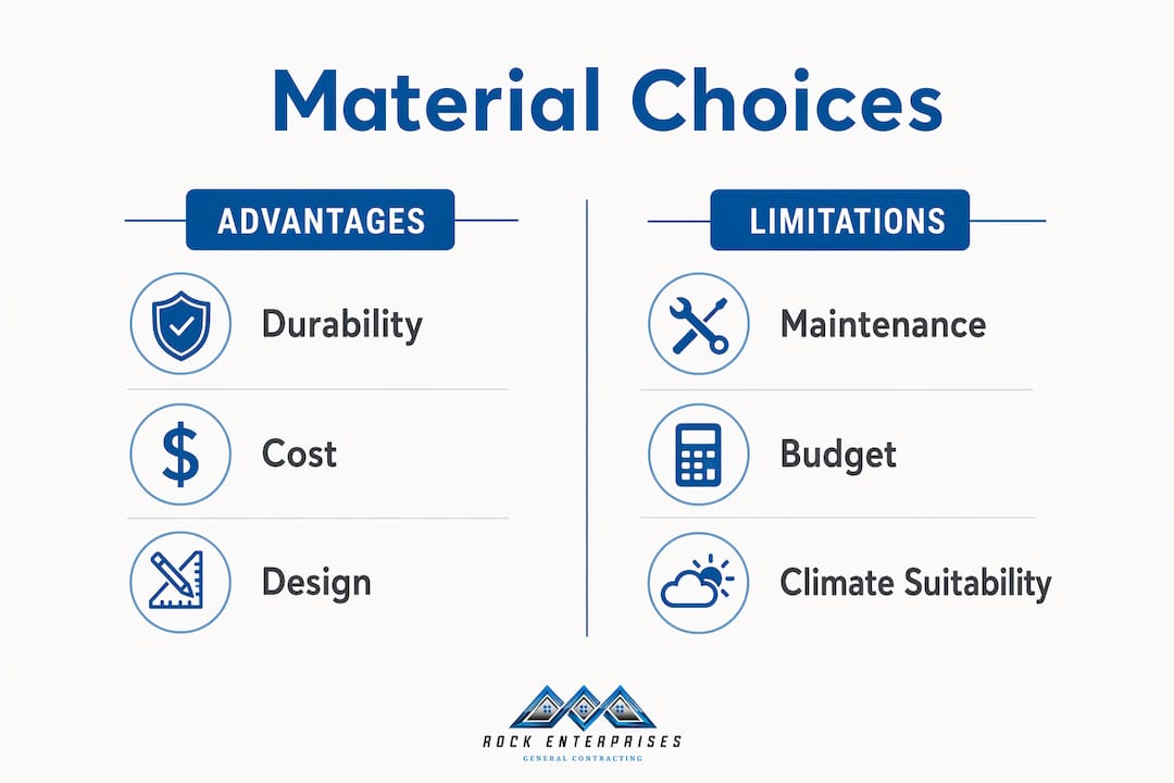 Infographic comparing advantages and limitations of home remodel materials