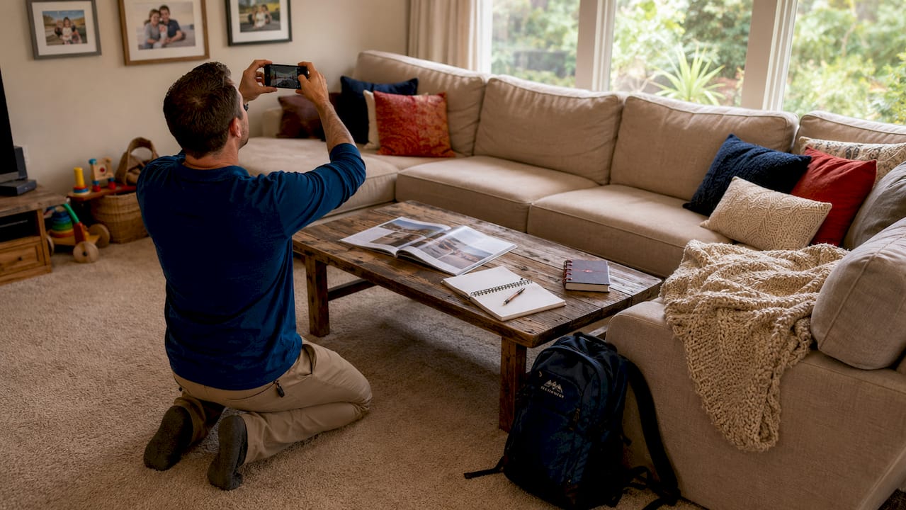 Man photographing living room before remodel