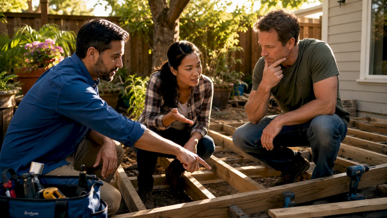 Team discussing renovation milestones at construction site