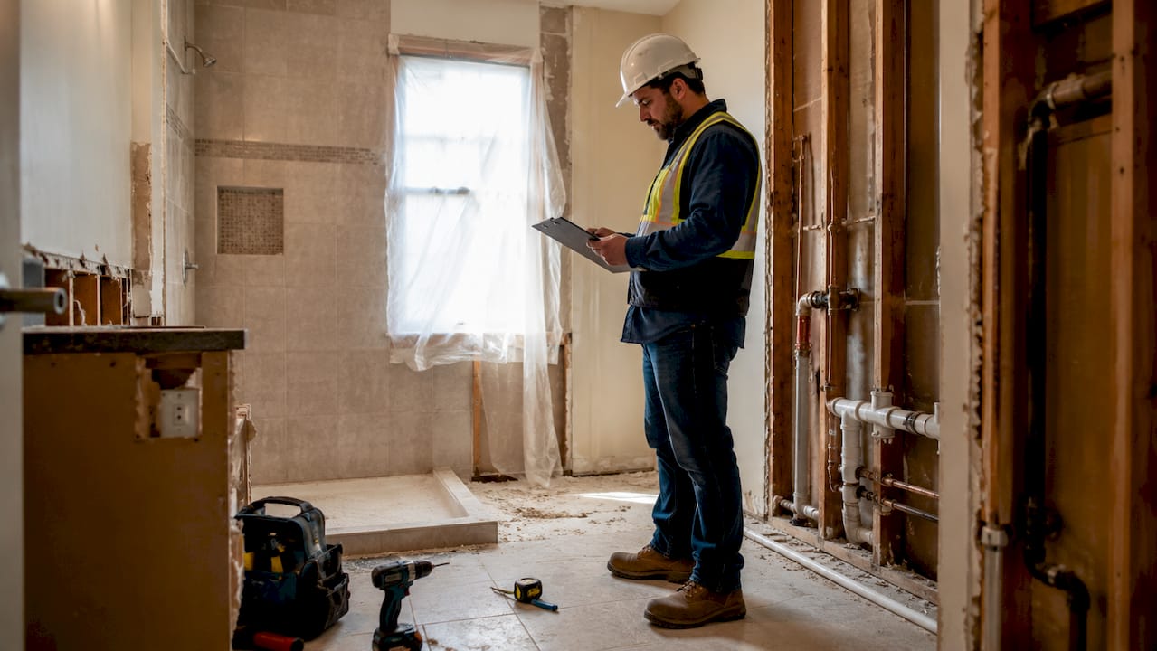 Contractor inspecting bathroom remodel construction site