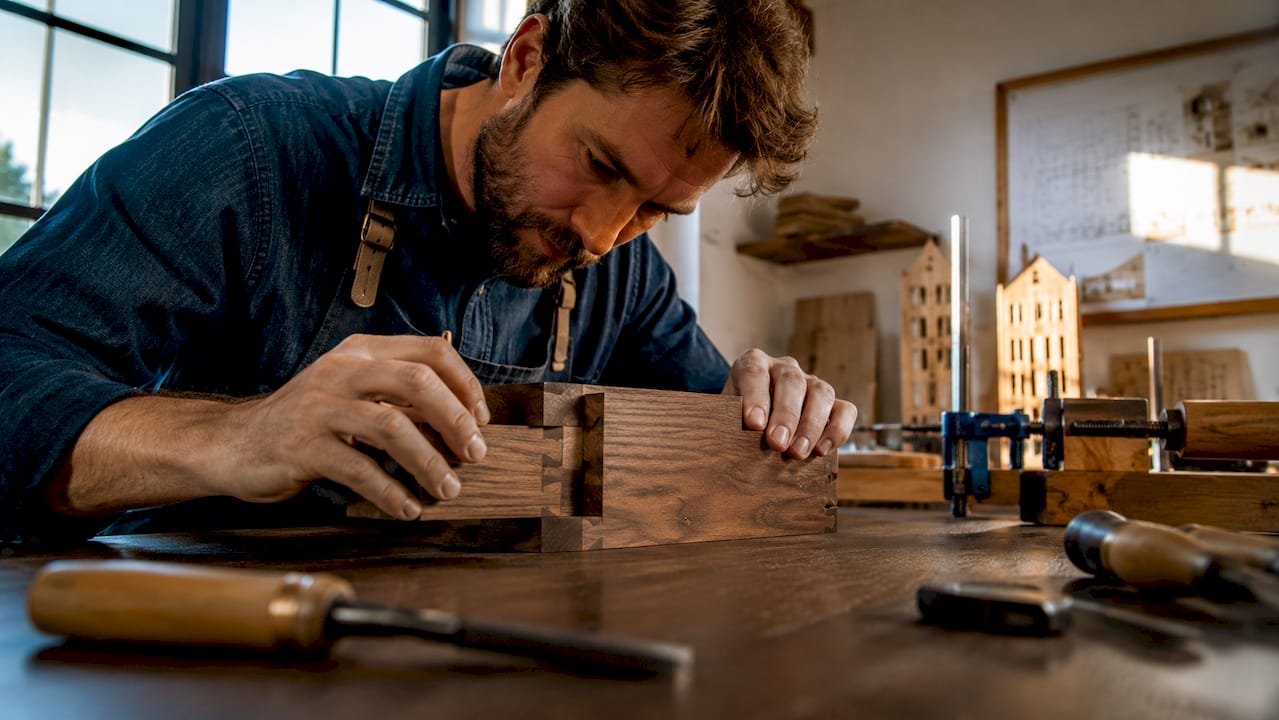 Close-up of hands fitting dovetail wood joint