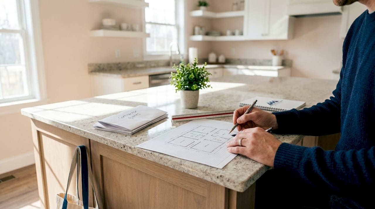 Hands drawing home renovation floor plan