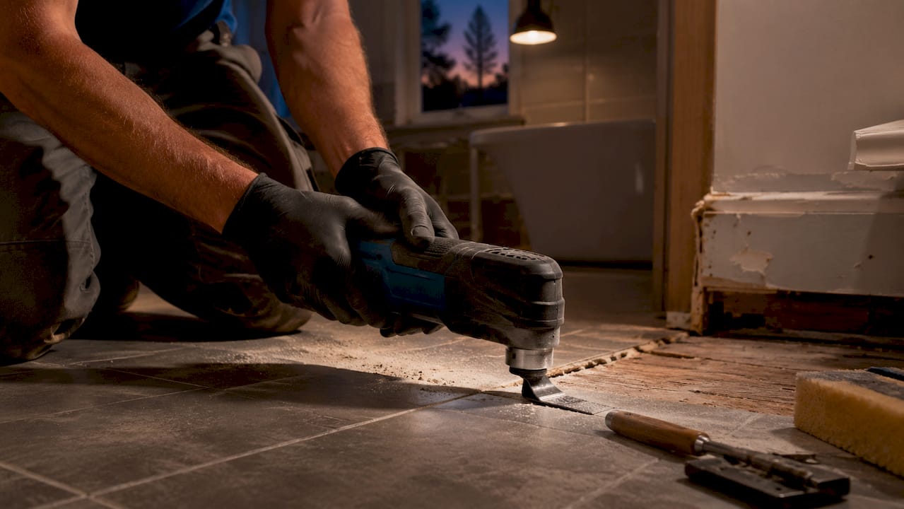 Hands using oscillating tool cutting floor tiles