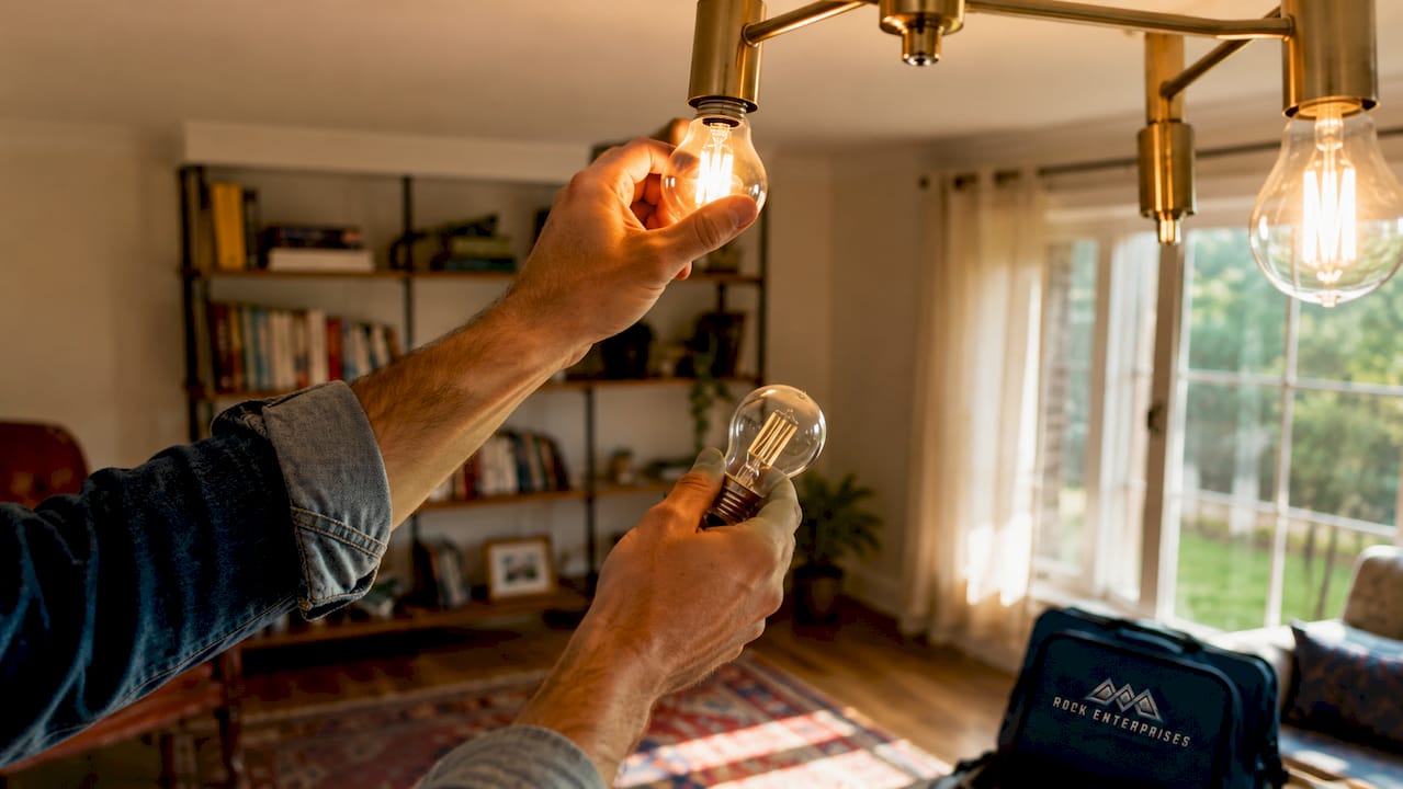 Hands changing light bulbs in apartment