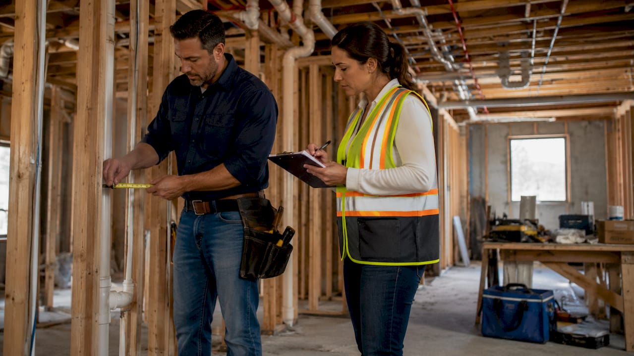 Contractor and inspector discussing rough-in phase