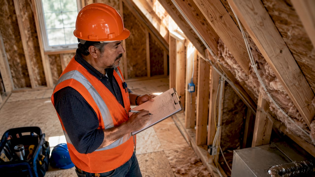 Building inspector examining home renovation framing inside
