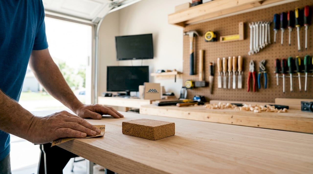 Hands sanding wood surface in workshop