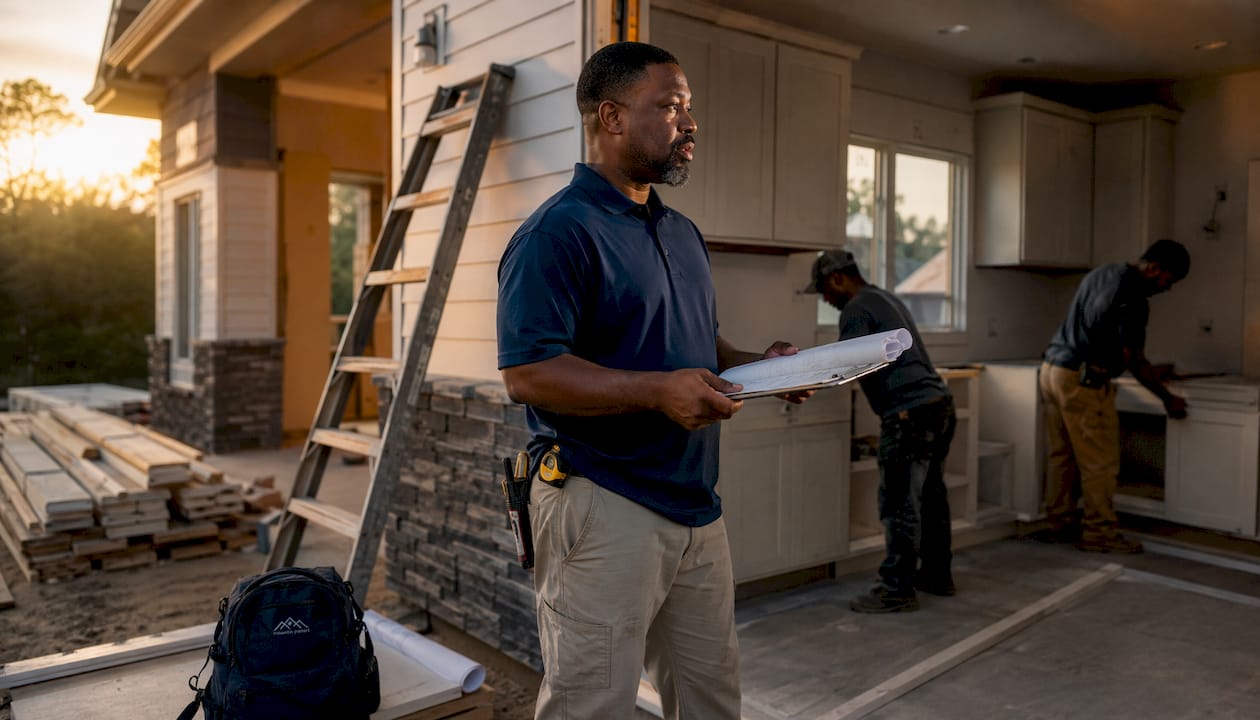 Contractor managing home renovation site outdoors