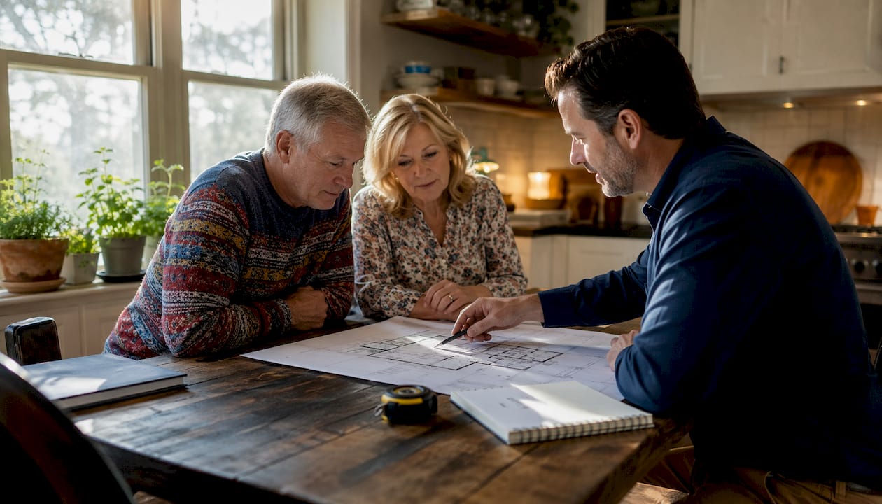 Homeowners consulting with contractor on renovation