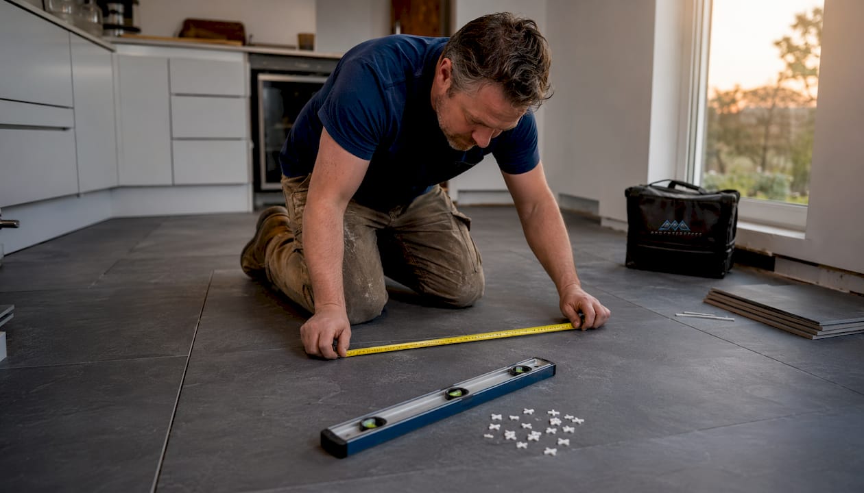Tile installer measuring floor for tile layout