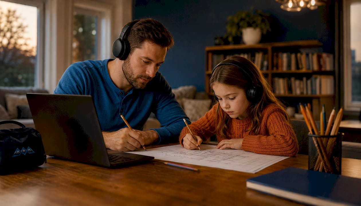 Father and daughter wearing headphones in open space
