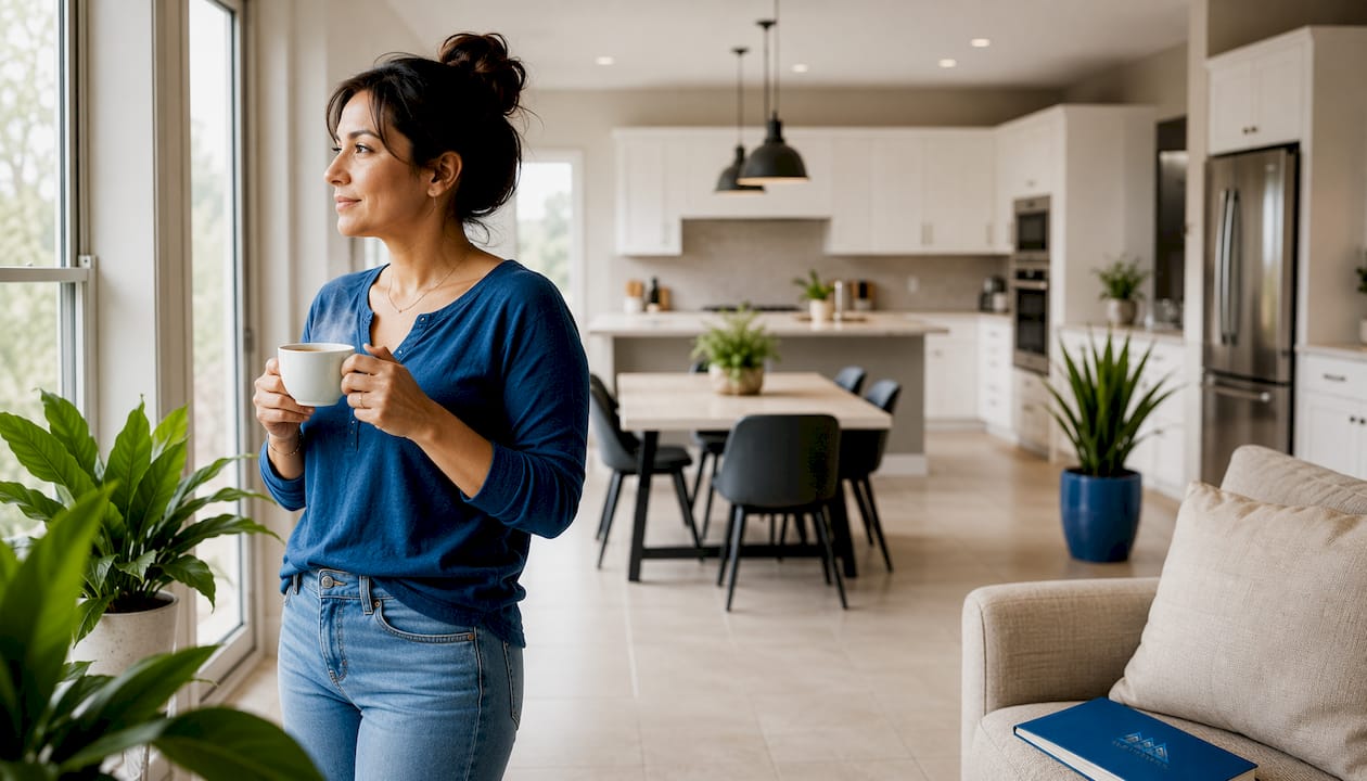 Woman appreciating light-filled open concept space