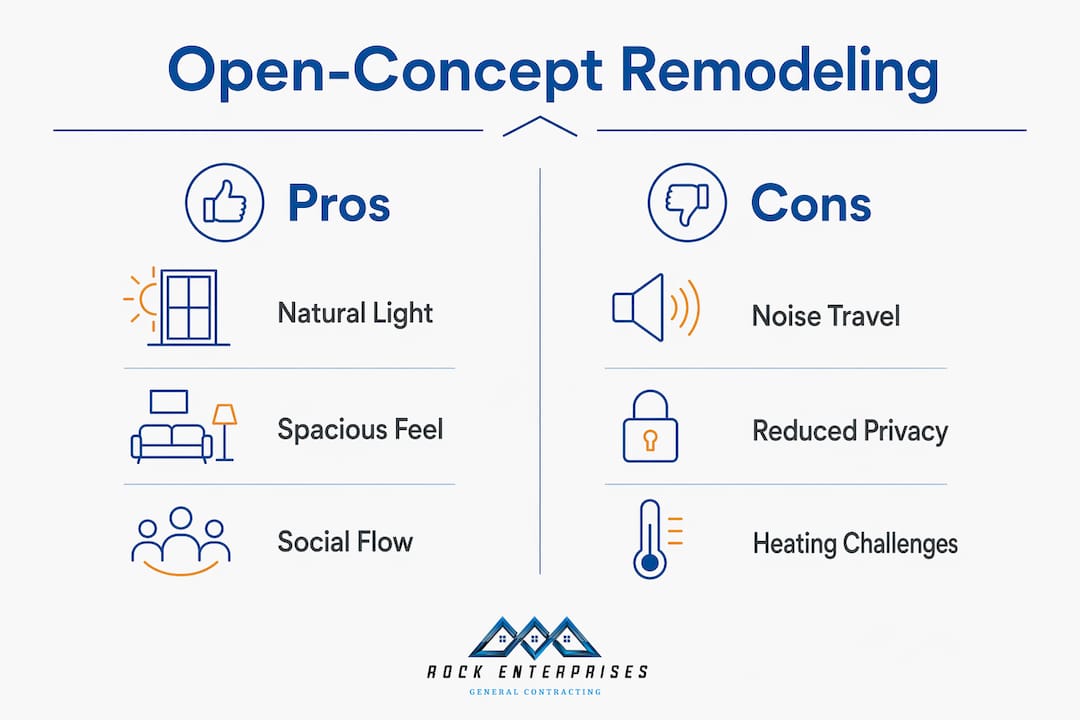 Infographic comparing pros and cons of open-concept remodeling