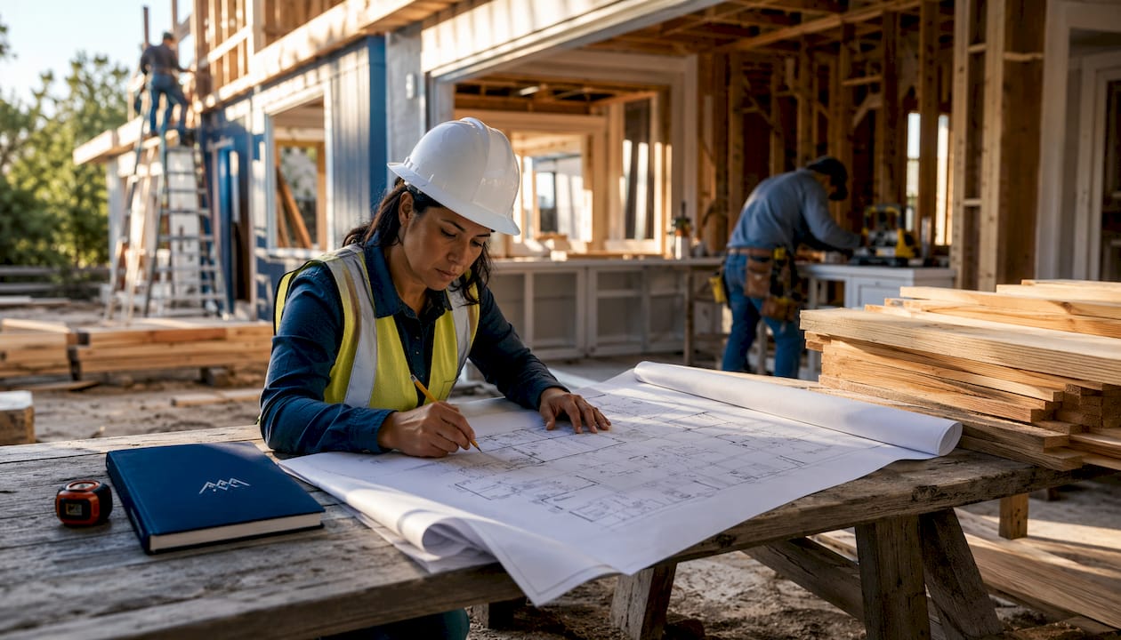 Project manager reviewing renovation blueprints onsite