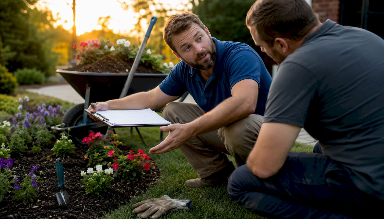 Contractor addressing landscaping problem with team