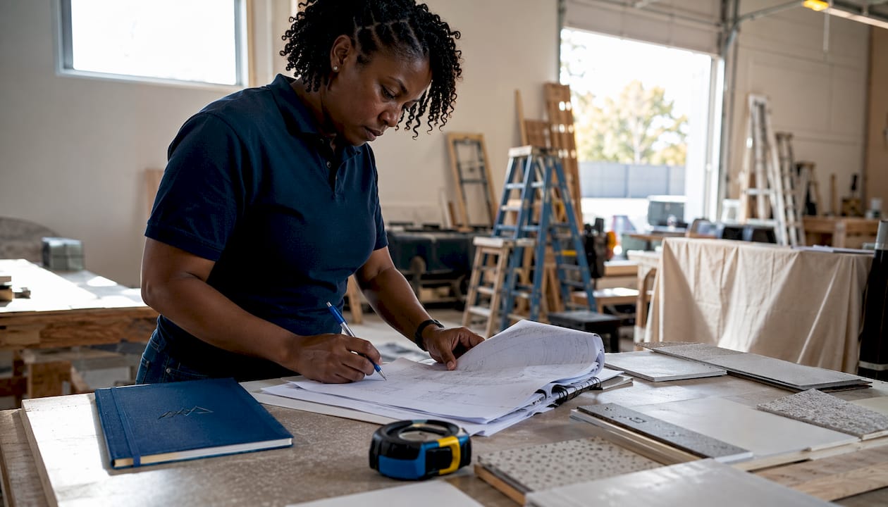 Contractor studying renovation scope documents