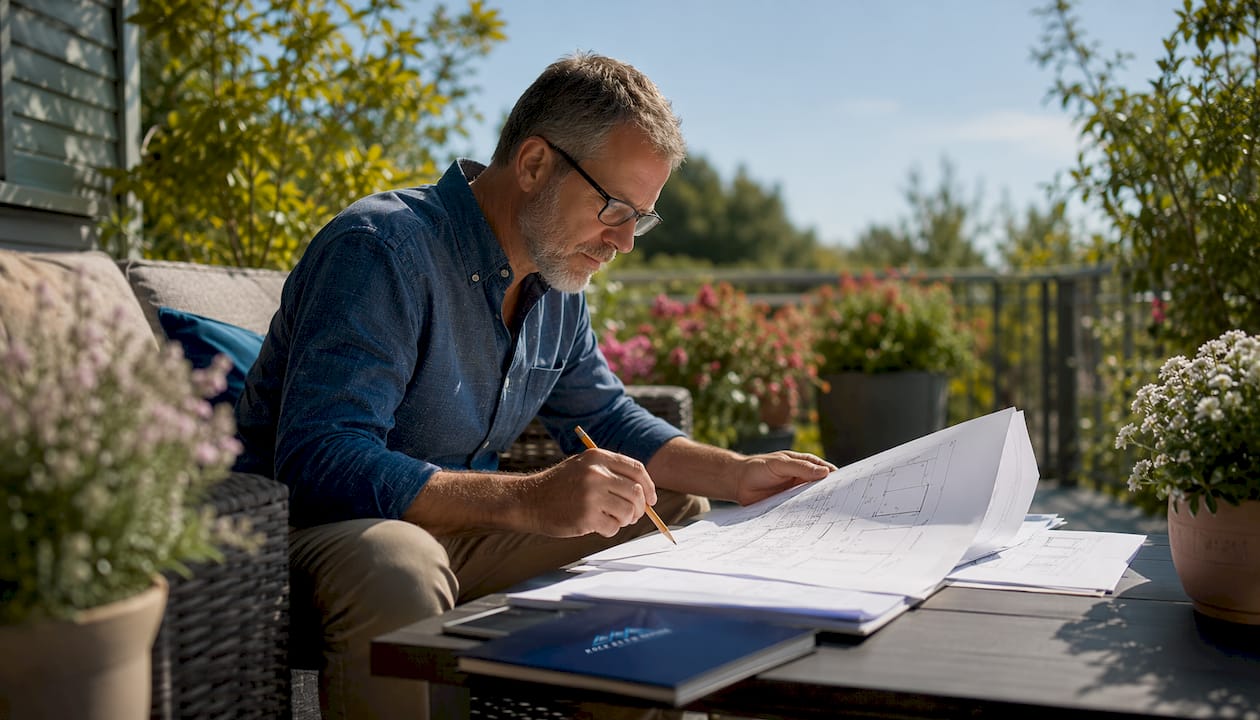 Man reviewing bathroom renovation plans