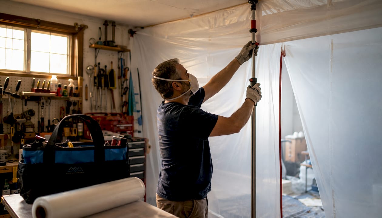 Father setting up plastic containment barrier in hallway