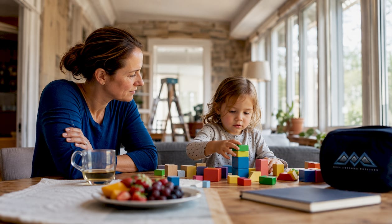 Caregiver supervising child engaged in quiet activity indoors