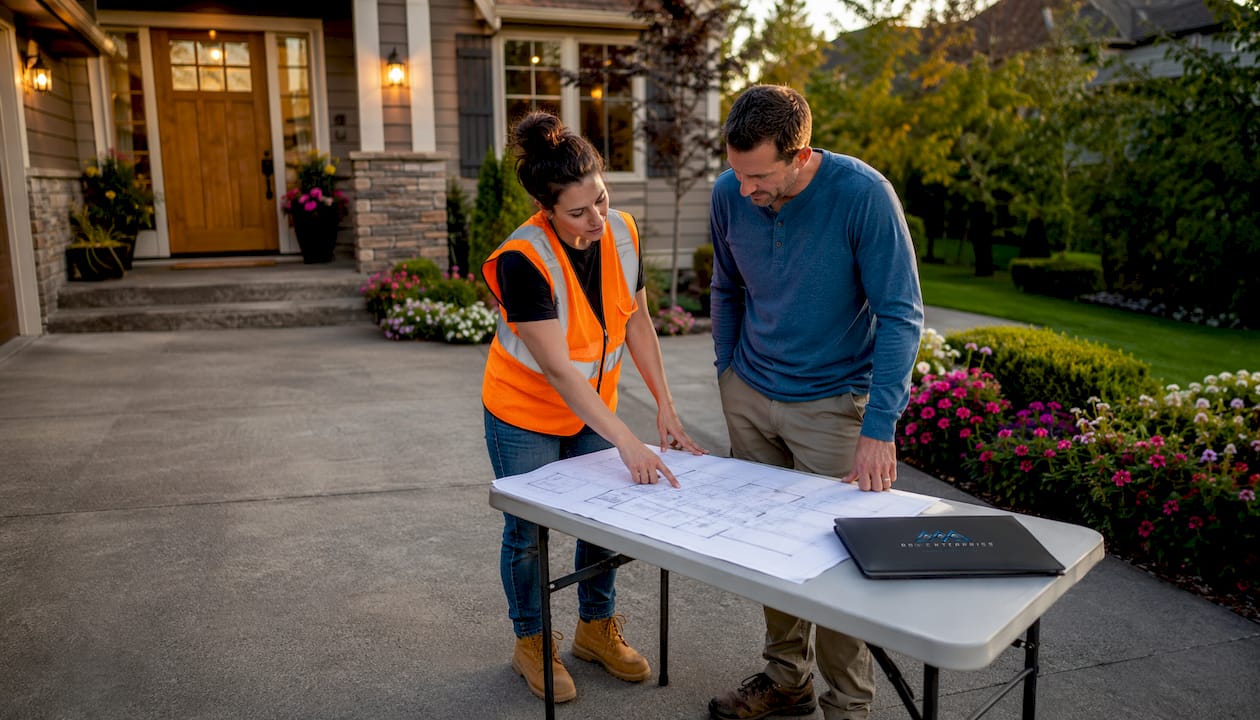 Contractor and homeowner discussing remodeling plans outdoors