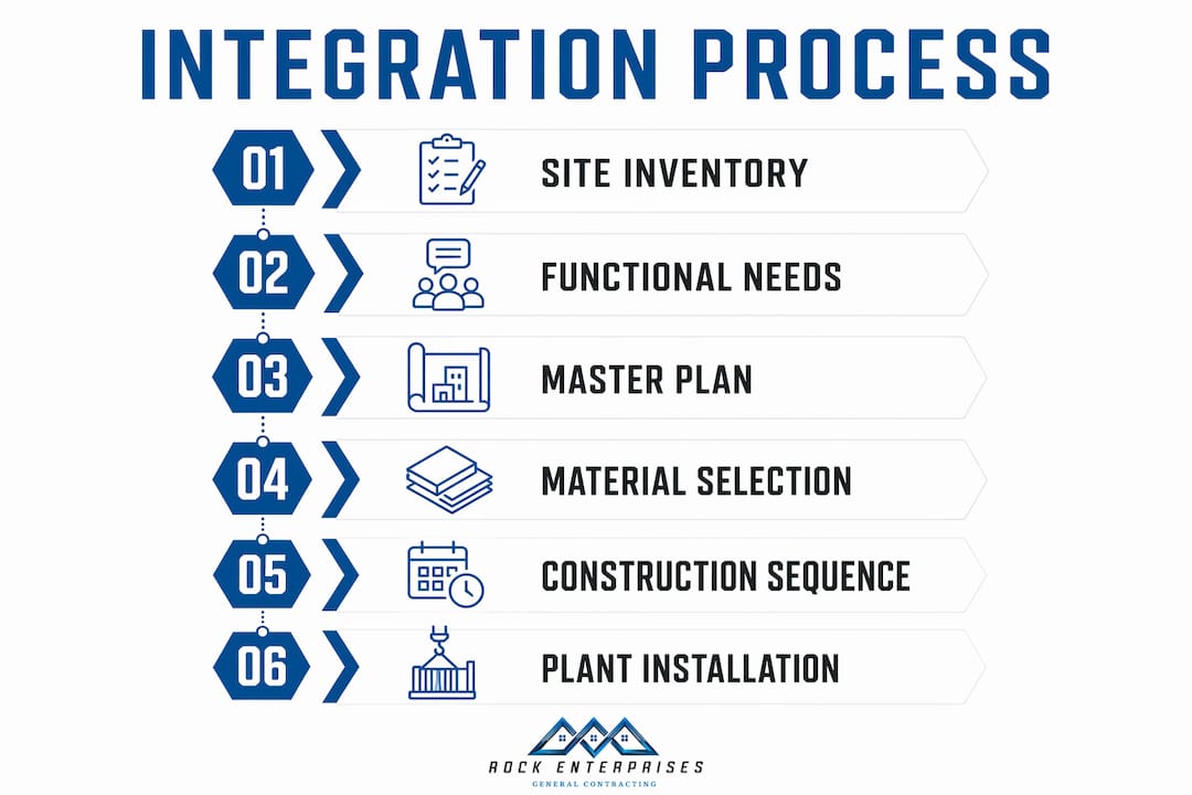 Infographic outlining landscape and hardscape integration steps