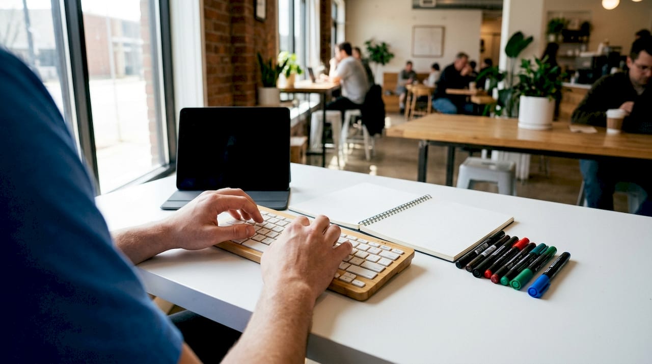 Hands typing workflow diagrams at home office desk