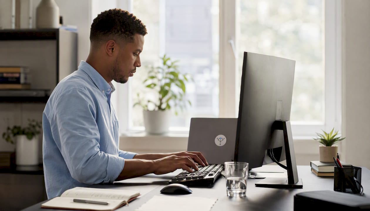 Engineer typing integration workflows at desk