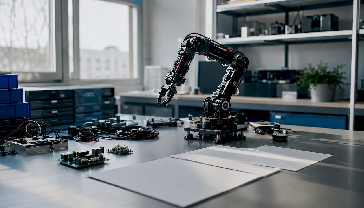 AI technology prototype with lab sketches overhead
