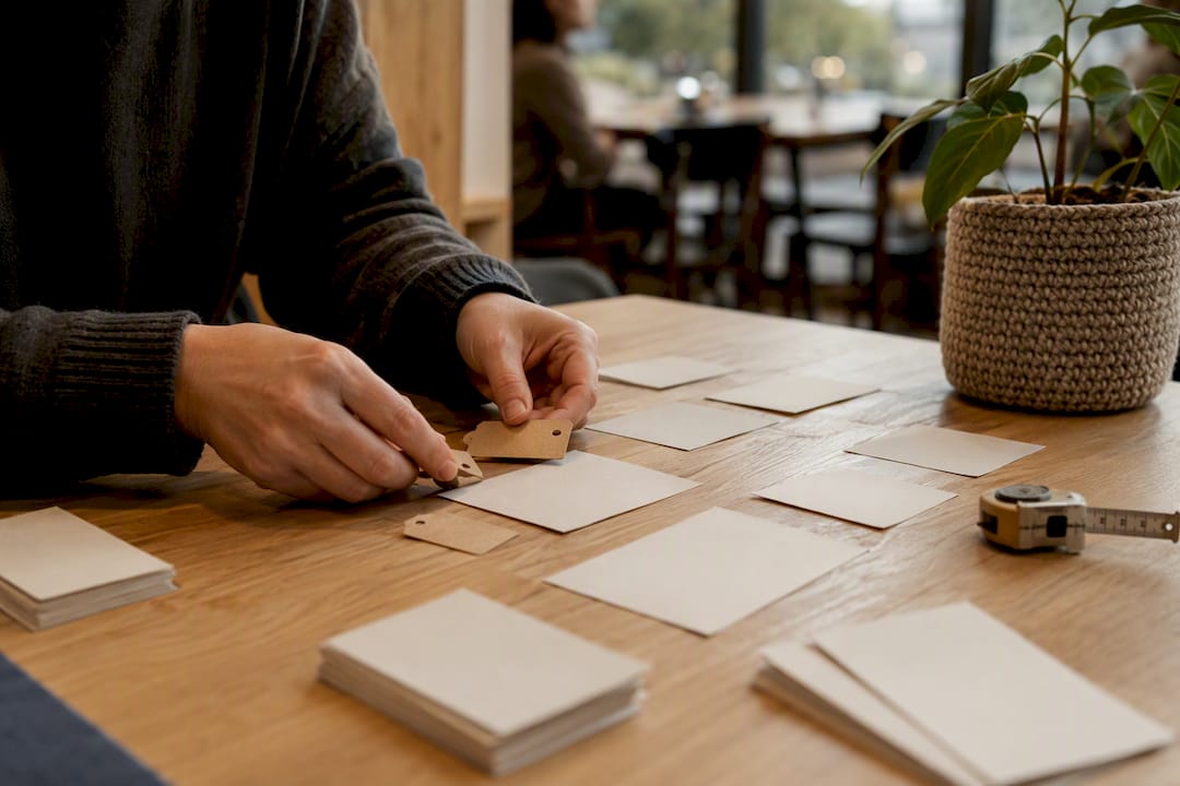 Hands placing ownership tags on process cards
