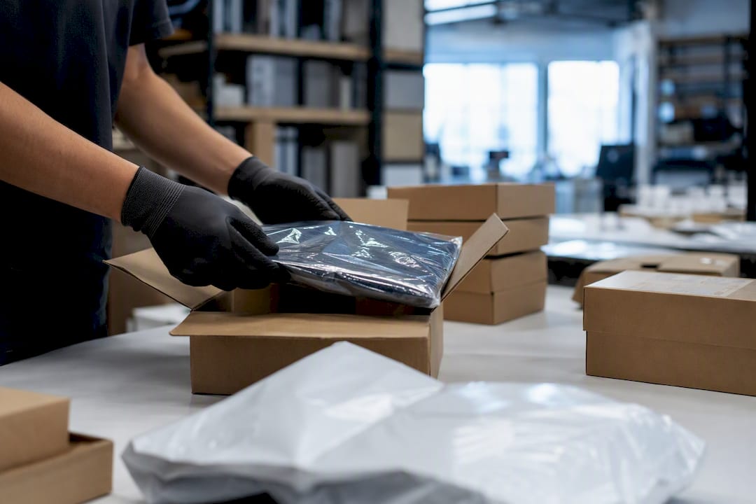 Hands sorting returned packages in warehouse
